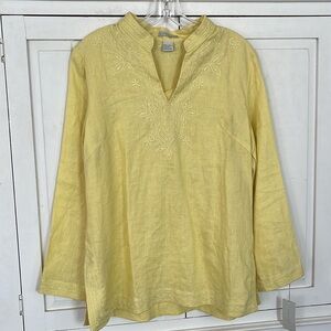 Tweeds Shirt Top 100% Linen Embroidered Yellow Large New